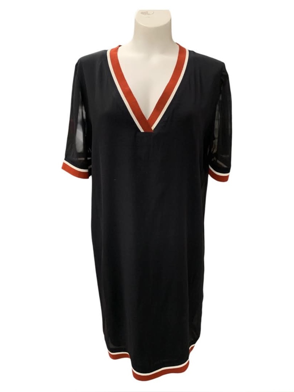 DKNY Silk Black Shift Dress with Red and White Trim Size S